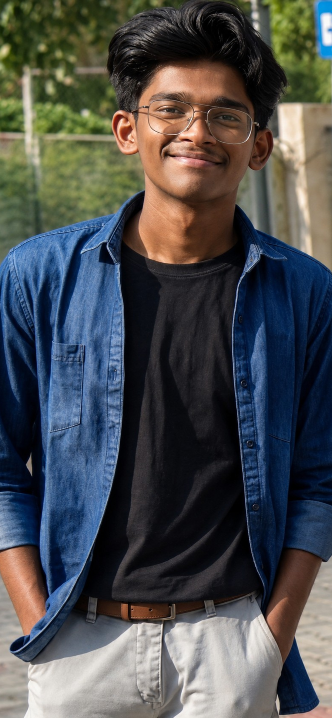 Joshua S smiling outdoors, wearing glasses, a blue overshirt, and a black T-shirt, with green trees and a sunlit street in the background